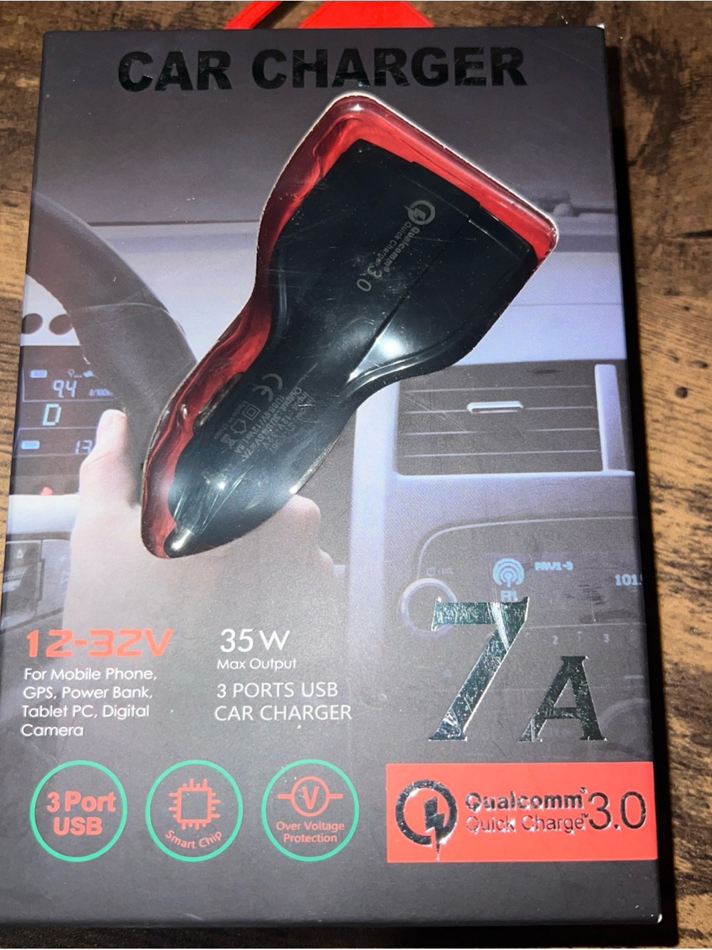 Black 3-Port USB Car Charger with Qualcomm Quick Charge 3.0
